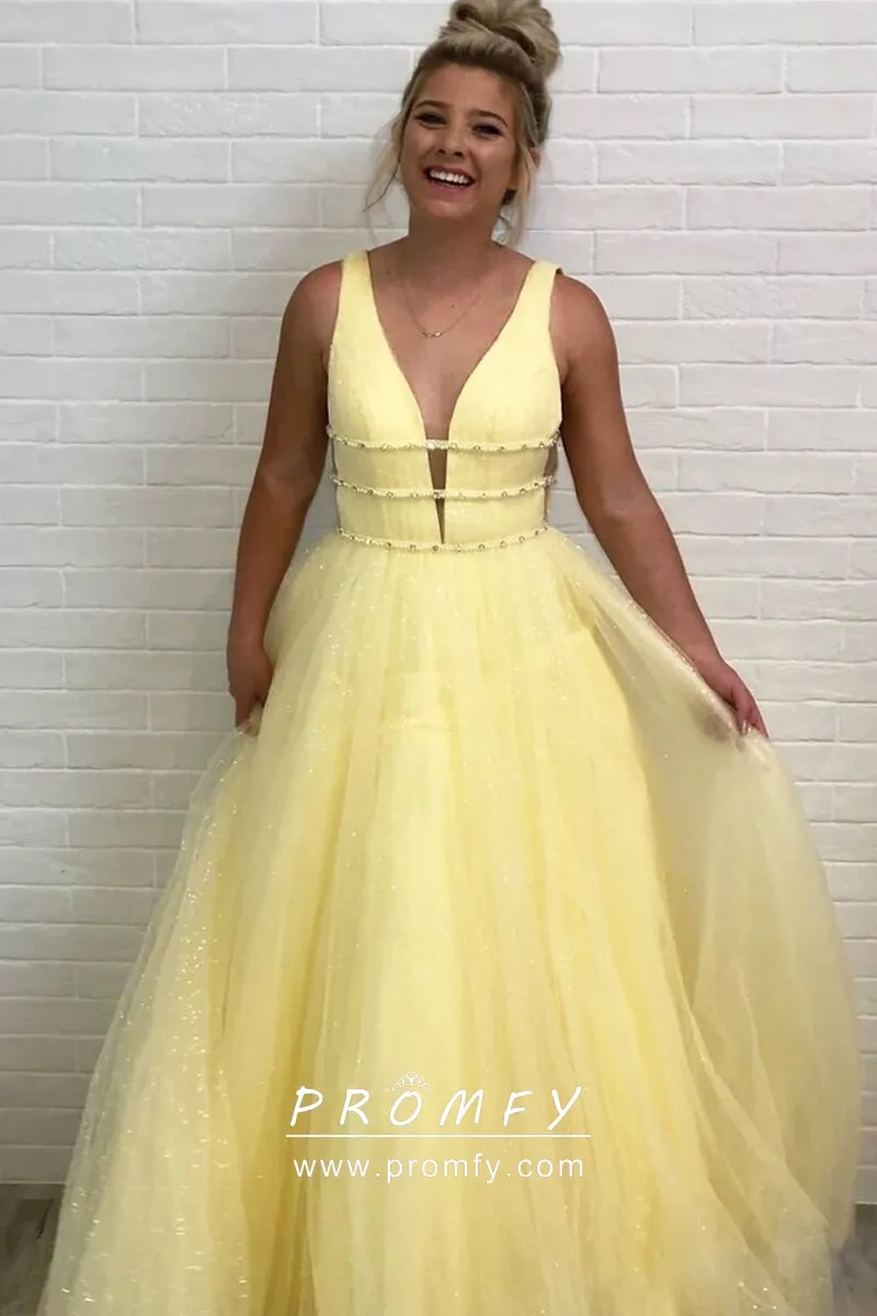 Two Piece Yellow Lace And Tulle Long Prom Dress Promfy