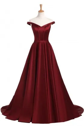 glossy maroon satin off shoulder elegant prom dress