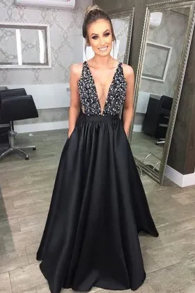 plunging V neck beaded black satin sexy prom dress