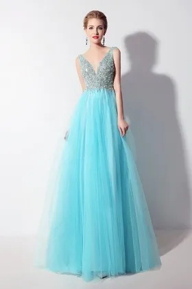 beaded pool blue satin and tulle A line prom dress