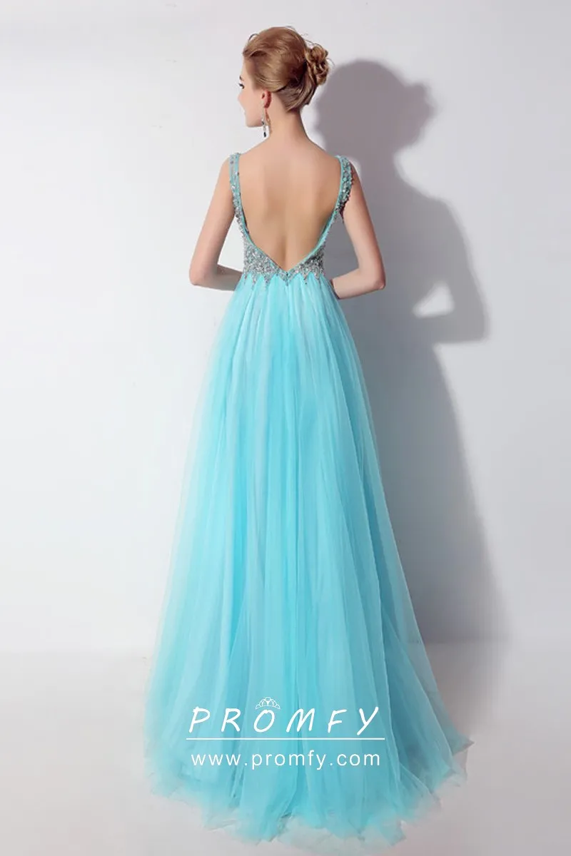 Beaded Pool Blue Satin and Tulle A-line Prom Dress - Promfy