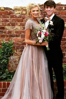 short sleeves beading nude organza engagement dress