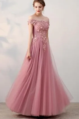 rose pink lace tulle off the shoulder prom dress