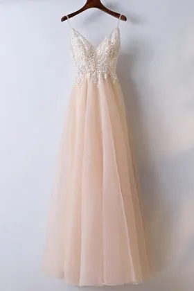 blush chiffon with lace appliques simple prom dress