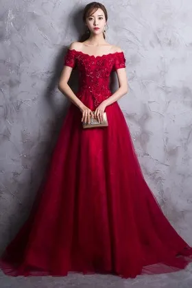 ruby red flower off shoulder short sleeve prom gown