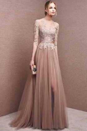 nude illusion lace tulle 34 sleeves formal dress