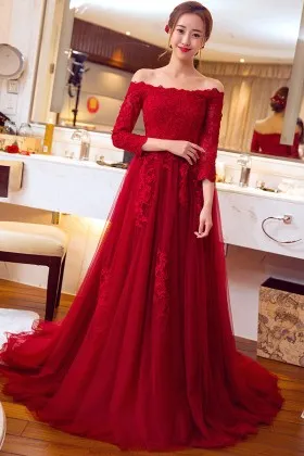 34 sleeves off shoulder red lace tulle feminine prom gown