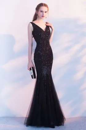 modern black glitter beaded mermaid formal dress