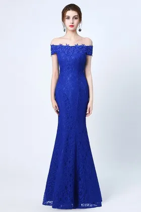 elegant cobalt blue lace off shoulder formal dress