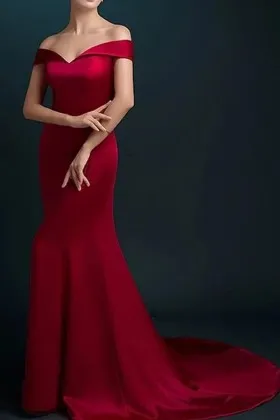 elegant dark red satin off shoulder long prom dress