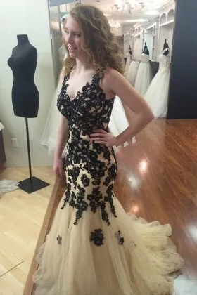 dramatic black lace appliqued champagne tulle dress