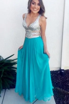 beaded cut out bodice turquoise chiffon prom dress