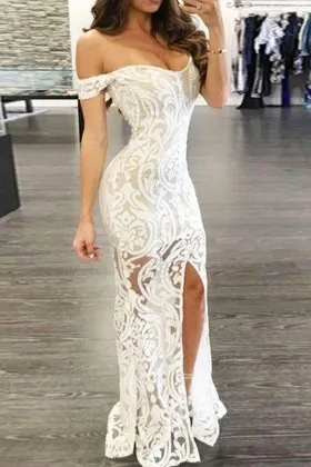 Alluring Lace body hugging sheath split Prom Dress