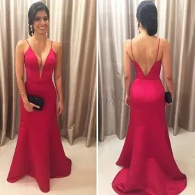 plunging V neck spaghetti strap red sexy prom dress