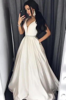 simple ivory satin plunging neck puffy prom dress