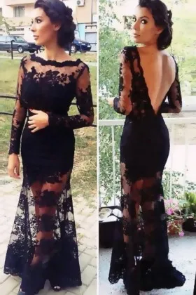 alluring illusion black lace low V back prom dress