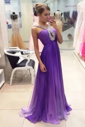 beaded wide straps keyhole purple chiffon prom gown
