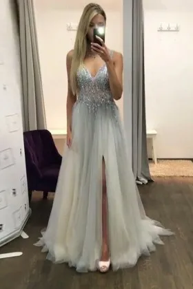 beaded light grey tulle high slit cute prom dress