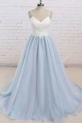 floral lace white satin pale blue tulle prom gown