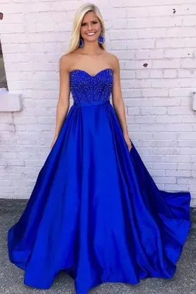 royal blue satin with beads modern prom formal gown