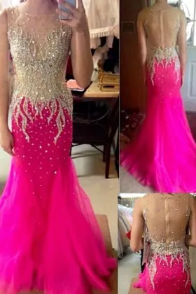 bedazzled beaded hot pink open back pageant dress
