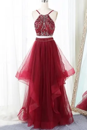 beaded dark red tulle two piece straps prom dress