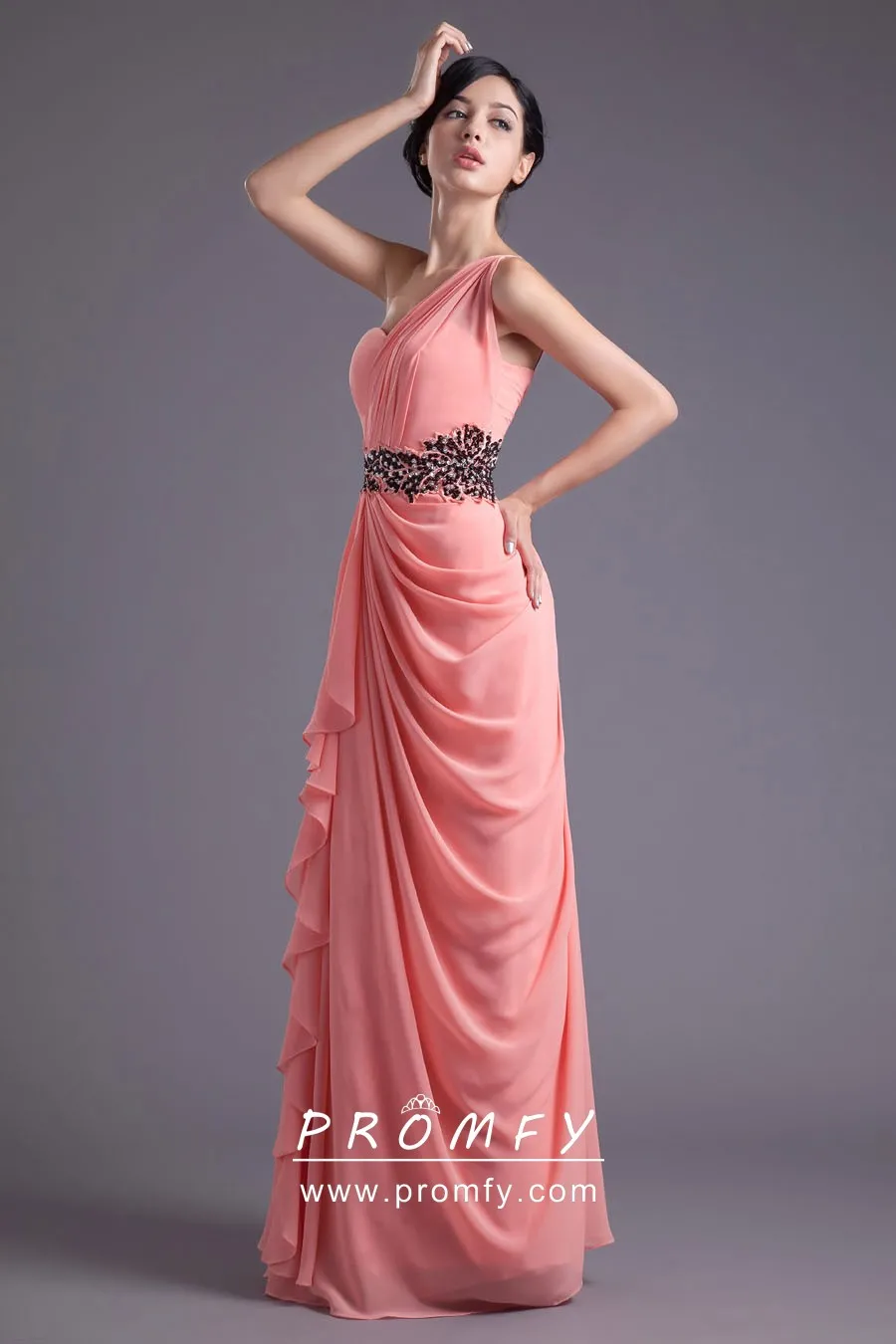 Ruffled Coral One Shoulder Prom Dress 