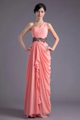 Ruffled Coral One Shoulder Prom Dress 