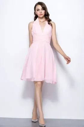 halter V neck pink chiffon short bridesmaid dress