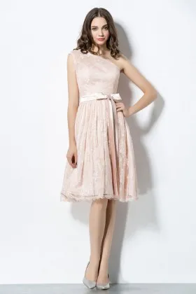 blush pink lace one shoulder short bridesmaid dress