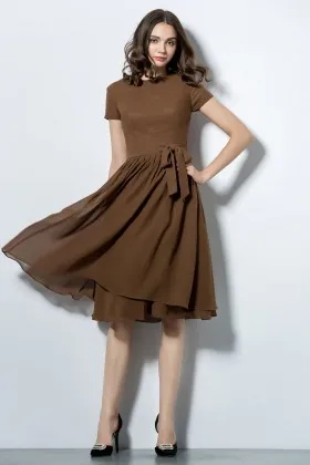 short sleeves knee length coffee bridesmaid dress