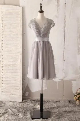 lace cap sleeve grey chiffon short bridesmaid dress