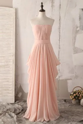 draped pink chiffon pleated A line bridesmaid dress