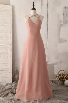 criss cross straps dusty pink long bridesmaid dress