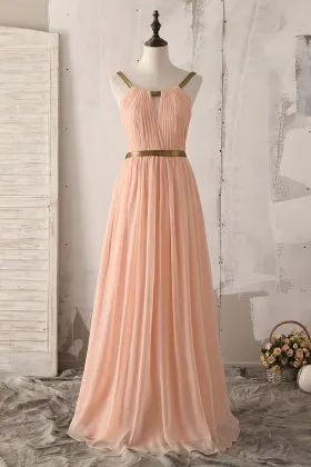 peach chiffon gold strap pleated bridesmaid dress