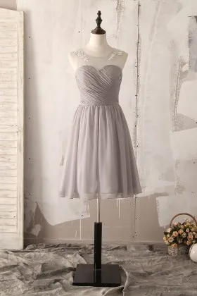 pleated grey chiffon short casual bridesmaid dress