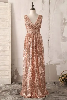 gold sequin V neck sleeveless long bridesmaid dress