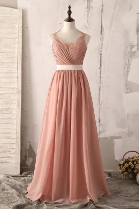 dusty peach chiffon pleated V neck bridesmaid dress