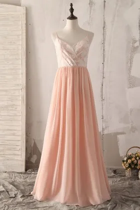 floral print peach chiffon V neck bridesmaid dress