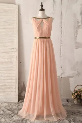 peach chiffon gold strap pleated bridesmaid dress