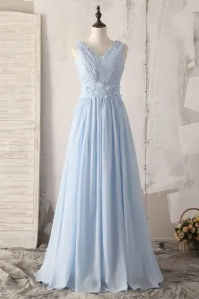 pleated light blue chiffon petals bridesmaid dress