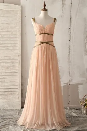 peach chiffon gold straps pleated bridesmaid dress