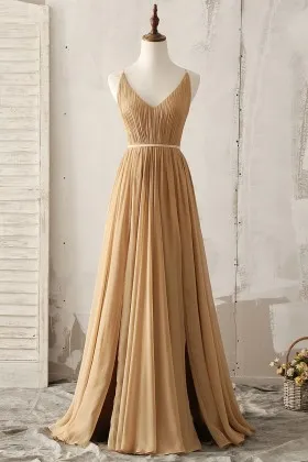pleated camel chiffon double slits bridesmaid dress