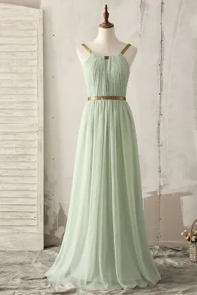 sage green chiffon gold strap long bridesmaid dress