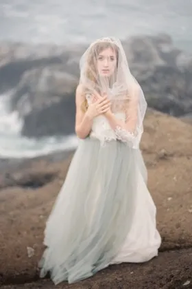 Strapless sweetheart ivory lace with ash blue tulle long engagement dress