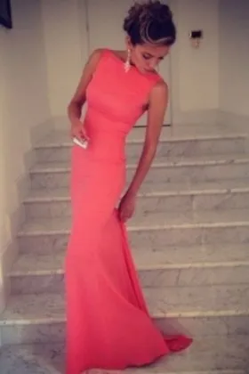 sleeveless boat neckline hot pink spandex fit and flare backless prom dress