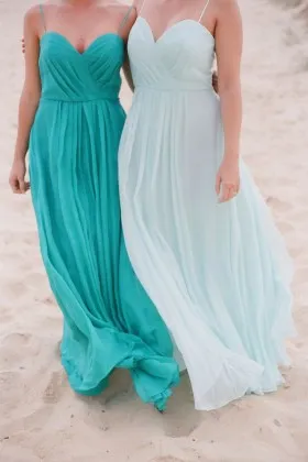Sexy cyan light blue ruched chiffon spaghetti straps bridesmaid dresses