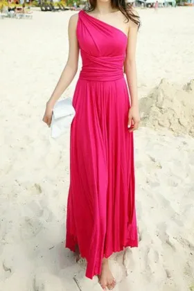 modern fuchsia jersey one shoulder long beach bridesmaid dress