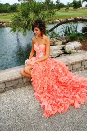 cascading ruffled organza beaded strapless sweetheart split long prom dress