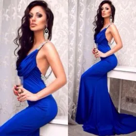 Sexy royal blue cowl neckline with beaded straps mermaid long prom dress
